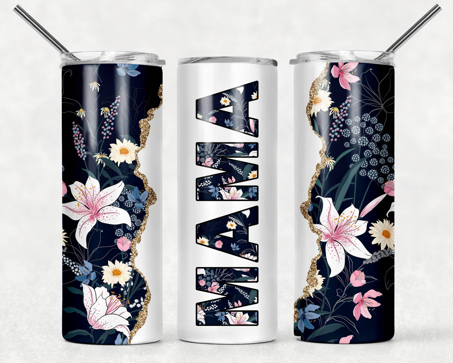 MAMA Floral Tumbler | Blue, White, & Gold Design - Alicia GonzalezTumblers
