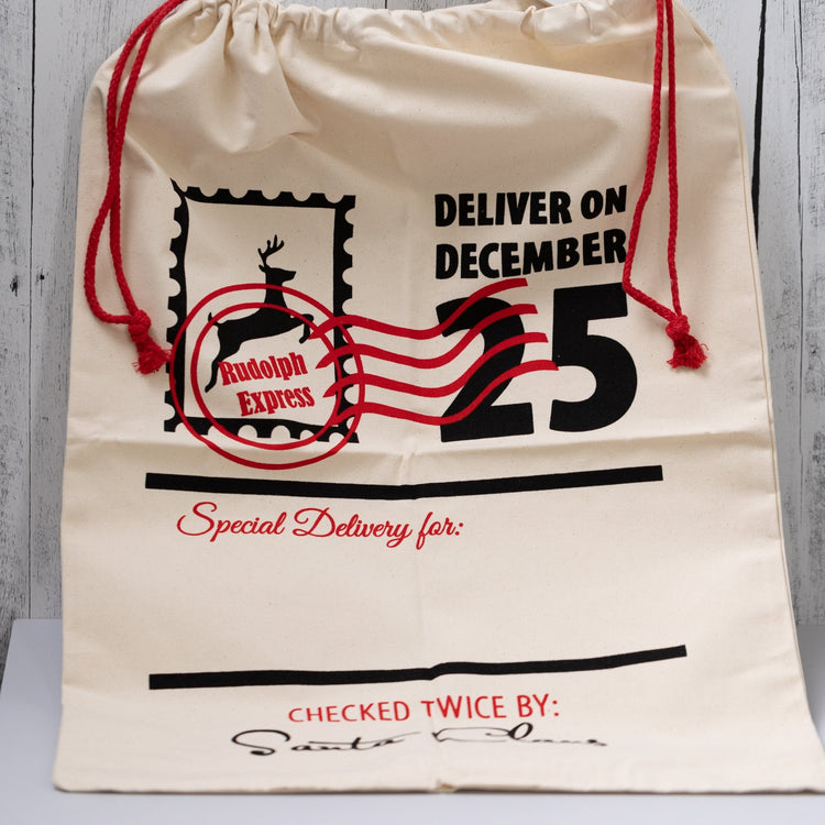 Christmas Gift Bags | Reusable Oversized Fabric with Drawstring Cord - Deliver on December 25 Logo - Alicia GonzalezGift Bags