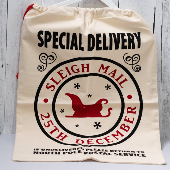 Christmas Gift Bags | Reusable Oversized Fabric with Drawstring Cord - Special Delivery Sleigh Mail Logo - Alicia GonzalezGift Bags