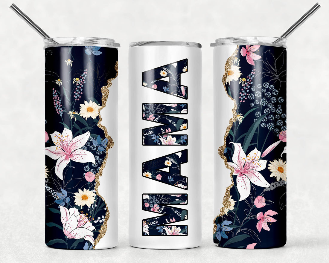 MAMA Floral Tumbler | Blue, White, & Gold Design - Alicia GonzalezTumblers