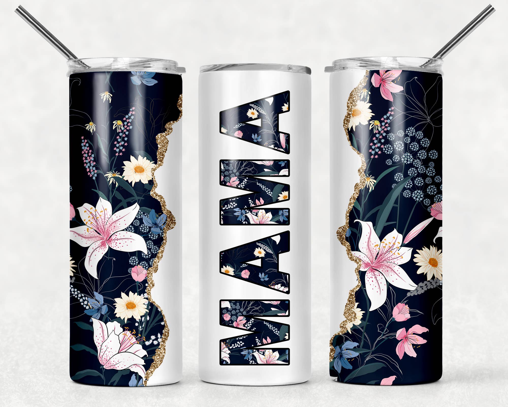 MAMA Floral Tumbler | Blue, White, &amp; Gold Design - Alicia GonzalezTumblers