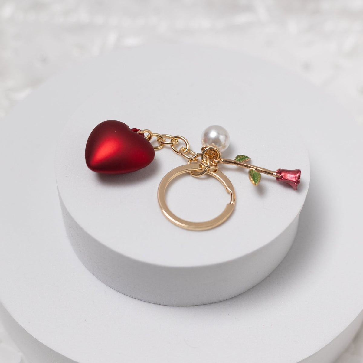 Red Heart & Rose Keychain with Pearl Accent