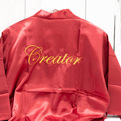 Red Satin Robe | Creator Embroidered in Gold Lettering - Alicia GonzalezRobes