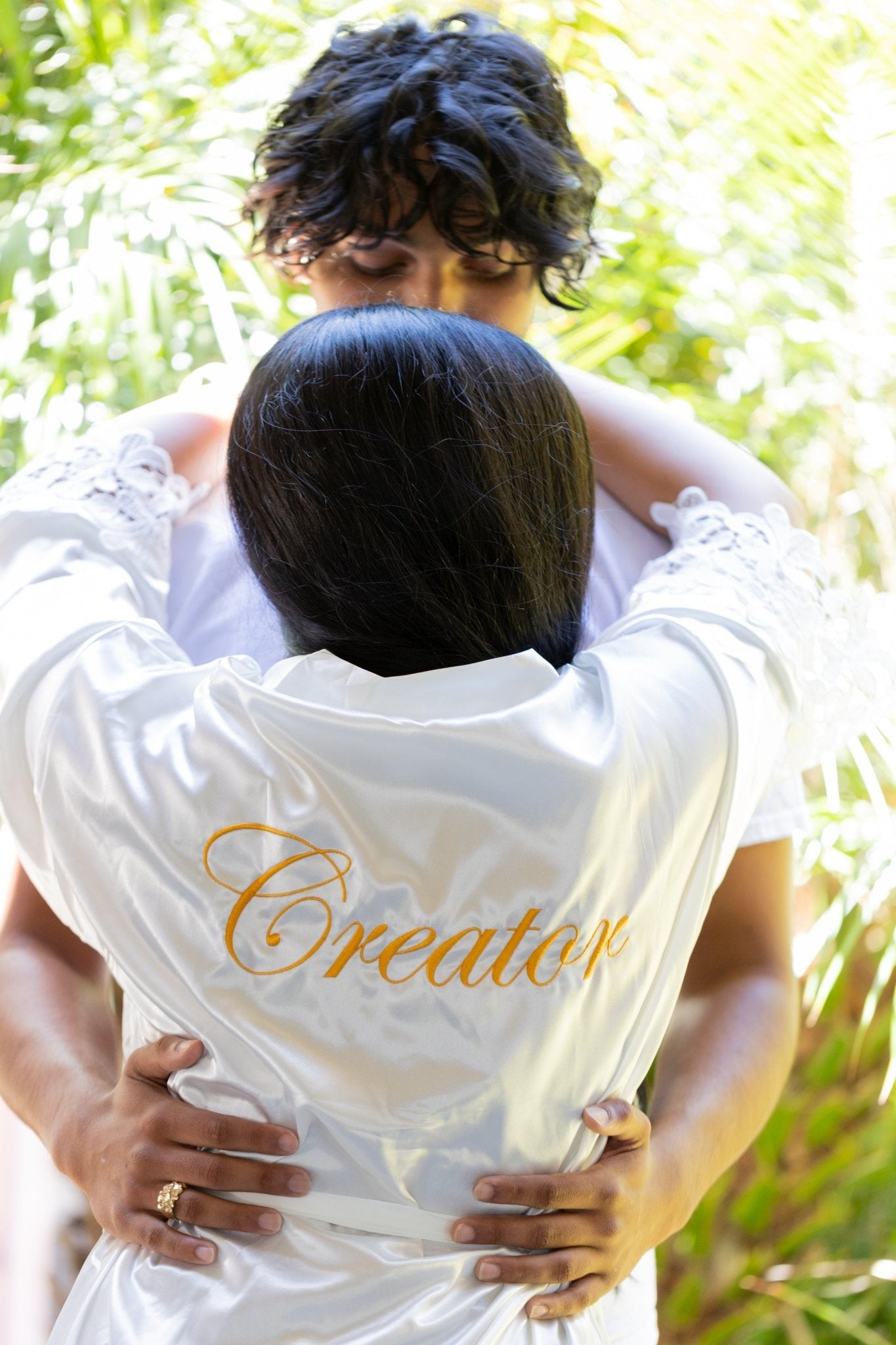 White Satin Robe | Creator Embroidered in Gold Lettering - Alicia GonzalezRobes