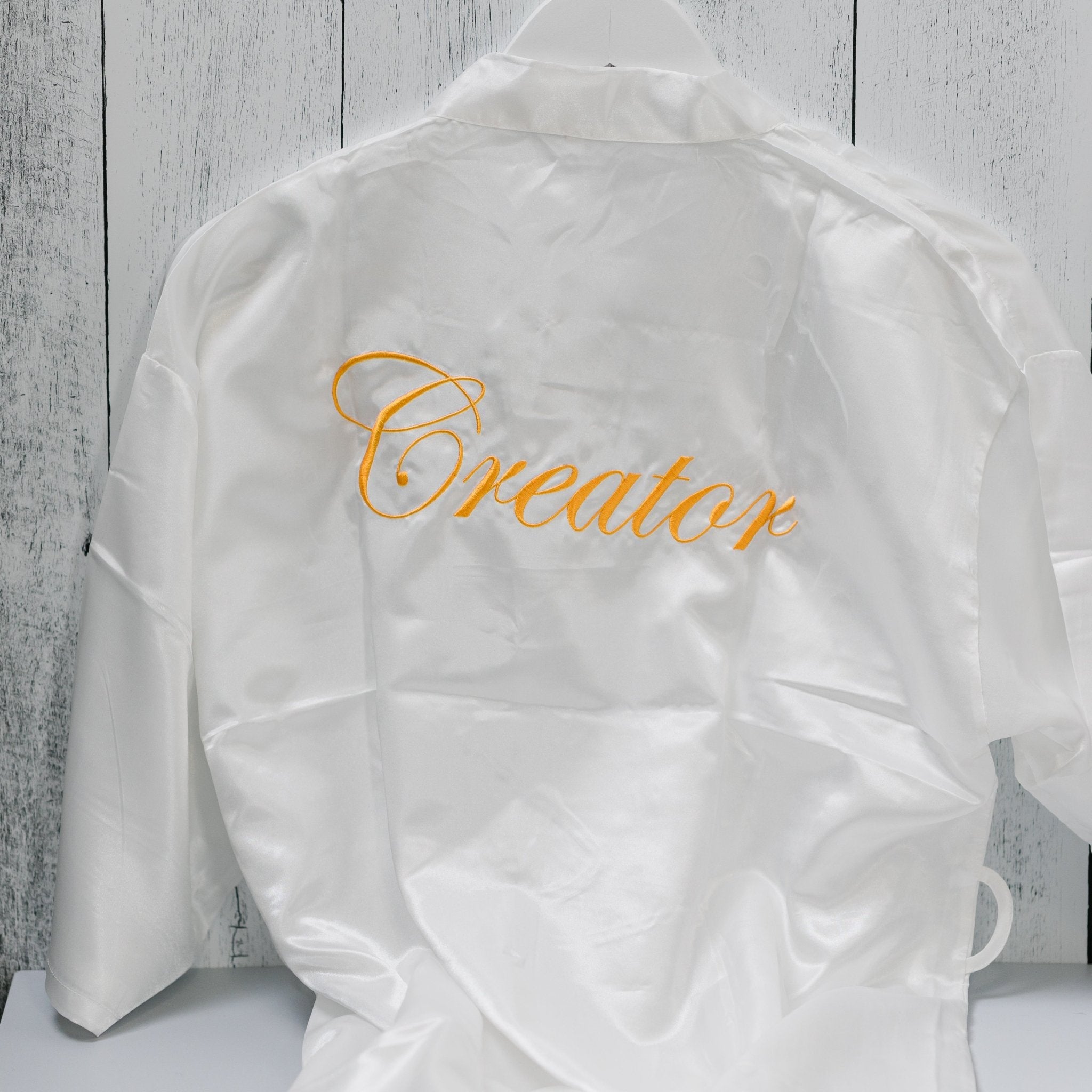 White Satin Robe | Creator Embroidered in Gold Lettering - Alicia GonzalezRobes