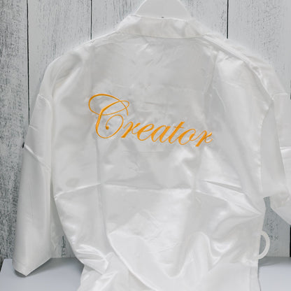 White Satin Robe | Creator Embroidered in Gold Lettering - Alicia GonzalezRobes