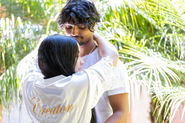 White Satin Robe | Creator Embroidered in Gold Lettering - Alicia GonzalezRobes